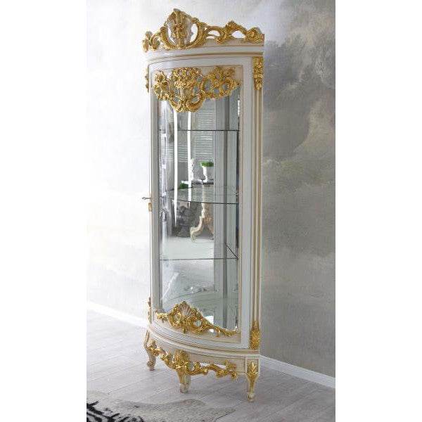 BAROCK VITRINE ANTIK ECKVITRINE WEISS GOLD ECKSCHRANK ECKREGAL ROKOKO VITRINENSCHRANK - Palo24