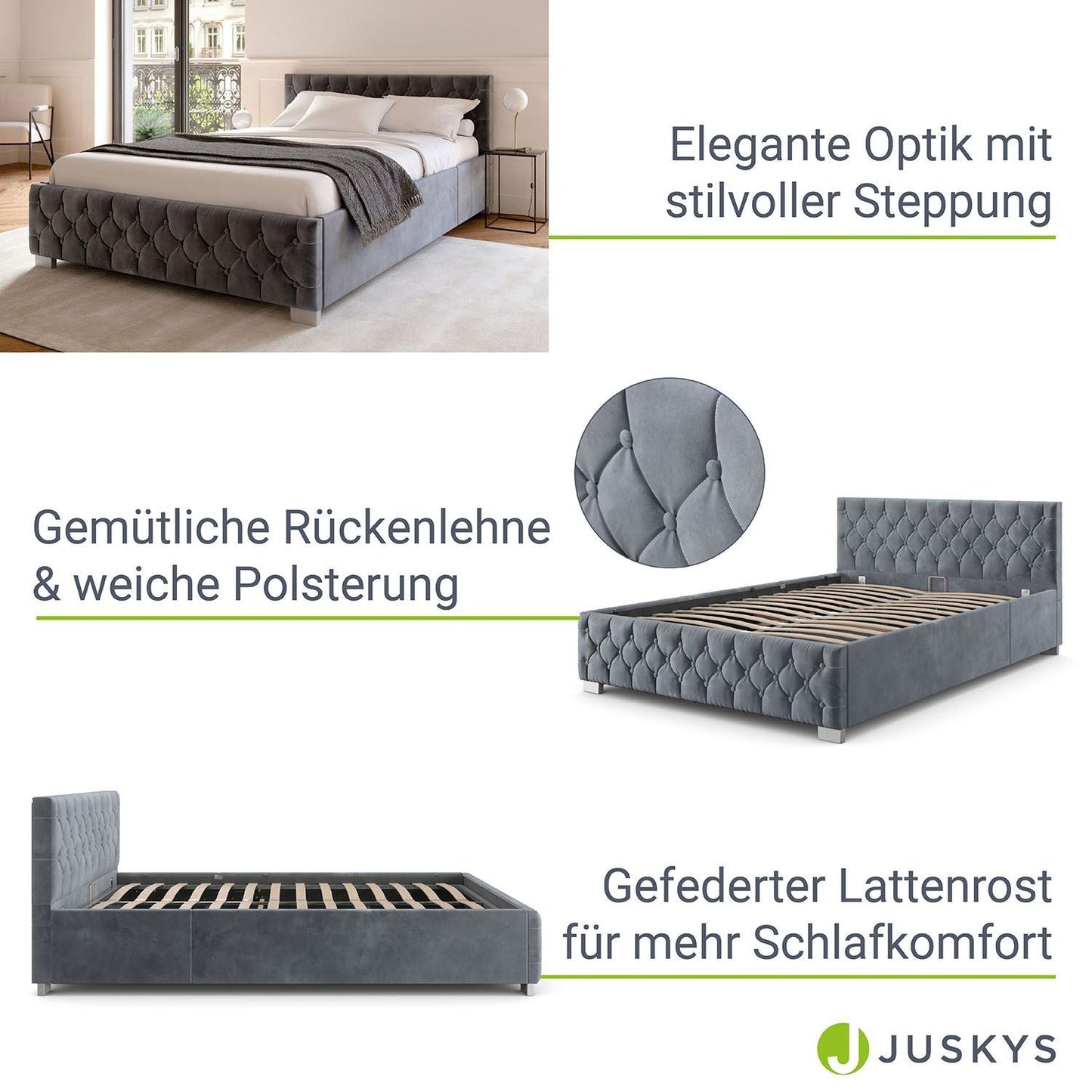 LED Polsterbett 180x200 cm Bettkasten Grau