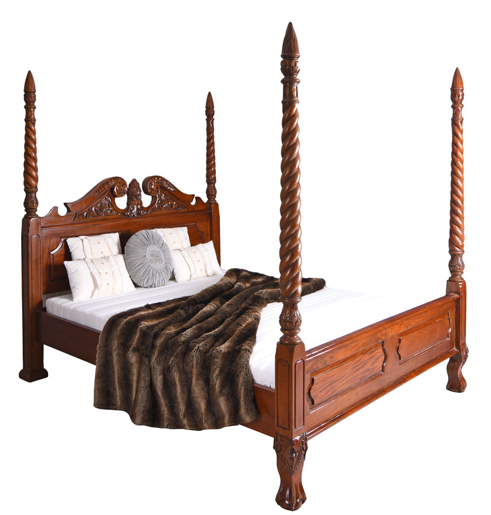 Himmelbett „VILLA ELEONORE“ – Mahagoni Ehebett mit Säulen (160×200 cm, Antik)