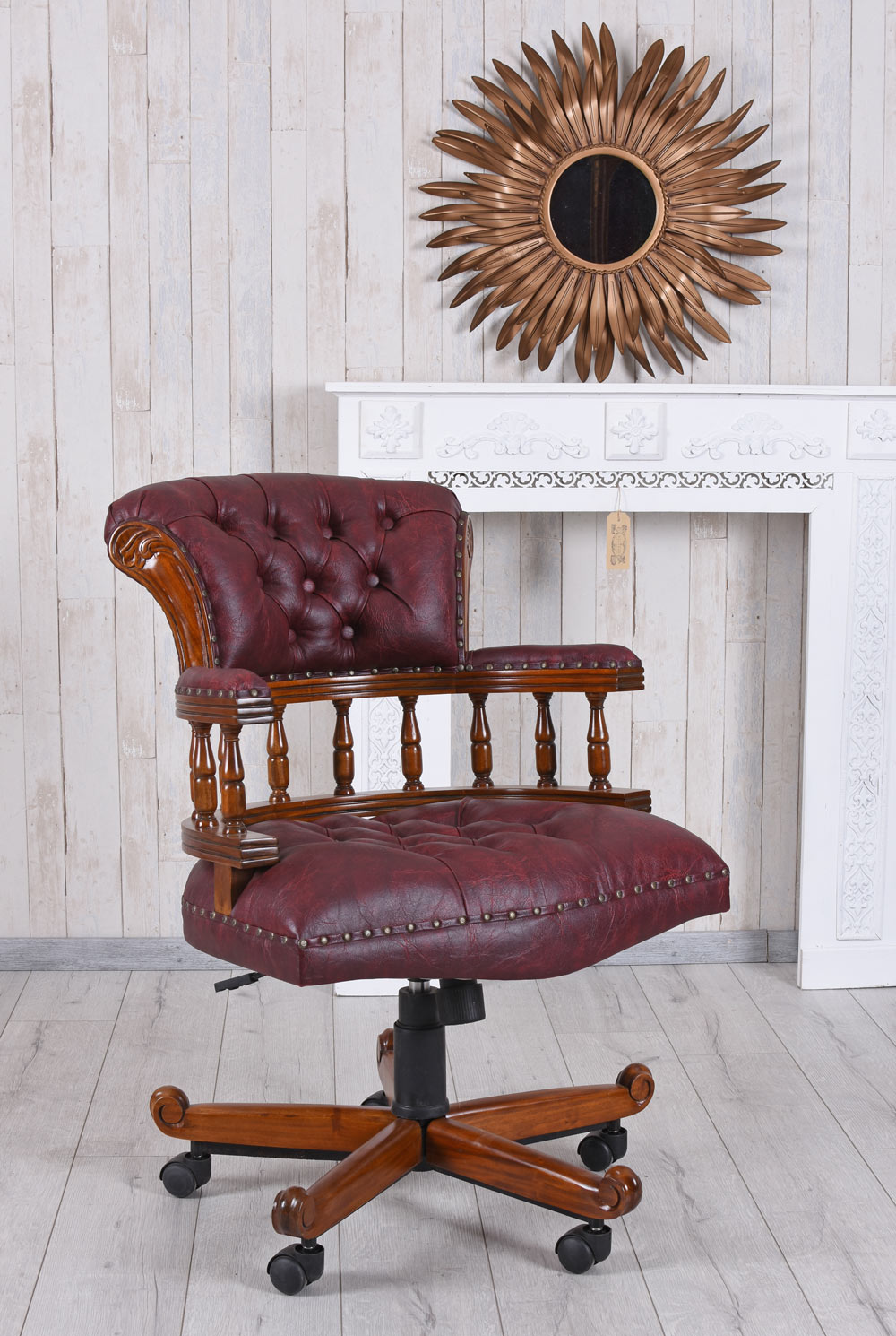 Englischer Chefsessel Bürostuhl Chesterfield Bürosessel Mahagoni Ledersessel