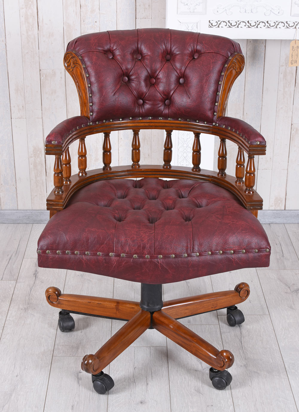 Englischer Chefsessel Bürostuhl Chesterfield Bürosessel Mahagoni Ledersessel