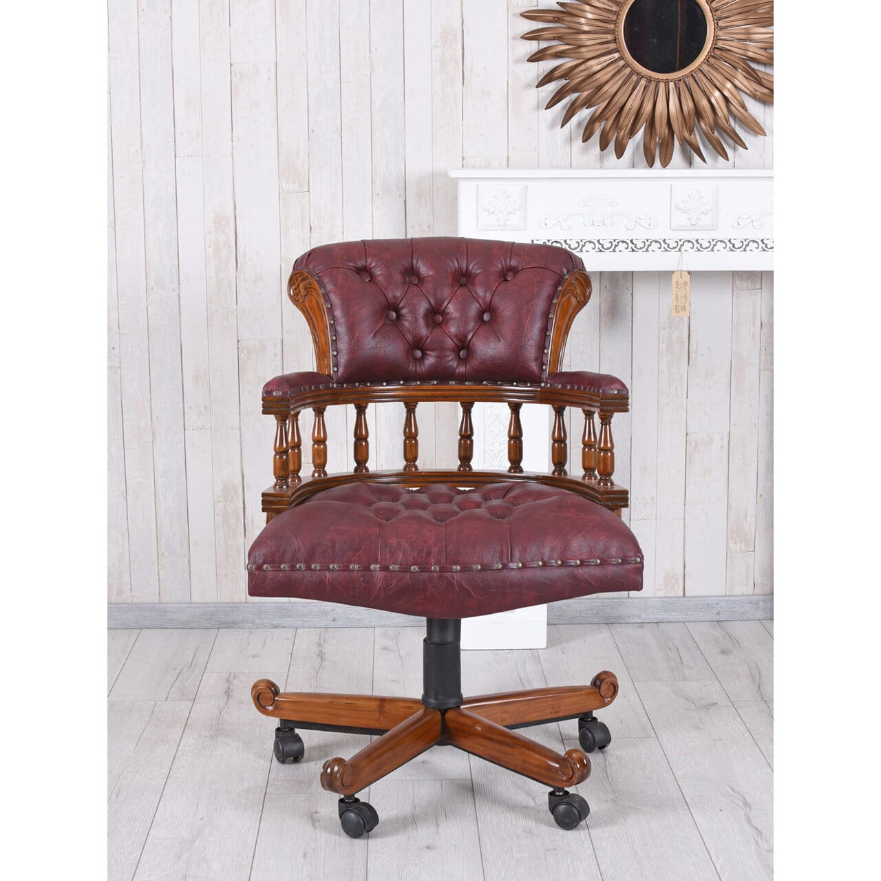 Englischer Chefsessel Bürostuhl Chesterfield Bürosessel Mahagoni Ledersessel