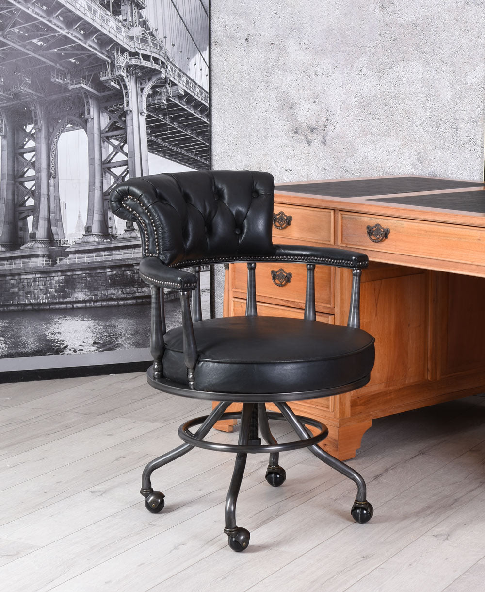 Bürostuhl Chesterfield Echtleder Schwarz