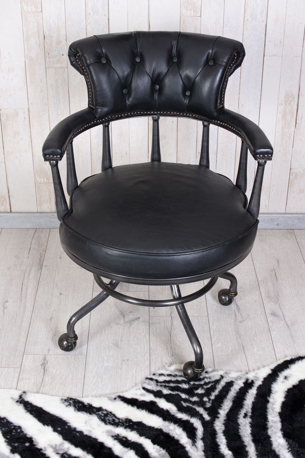 Bürostuhl Chesterfield Echtleder Schwarz