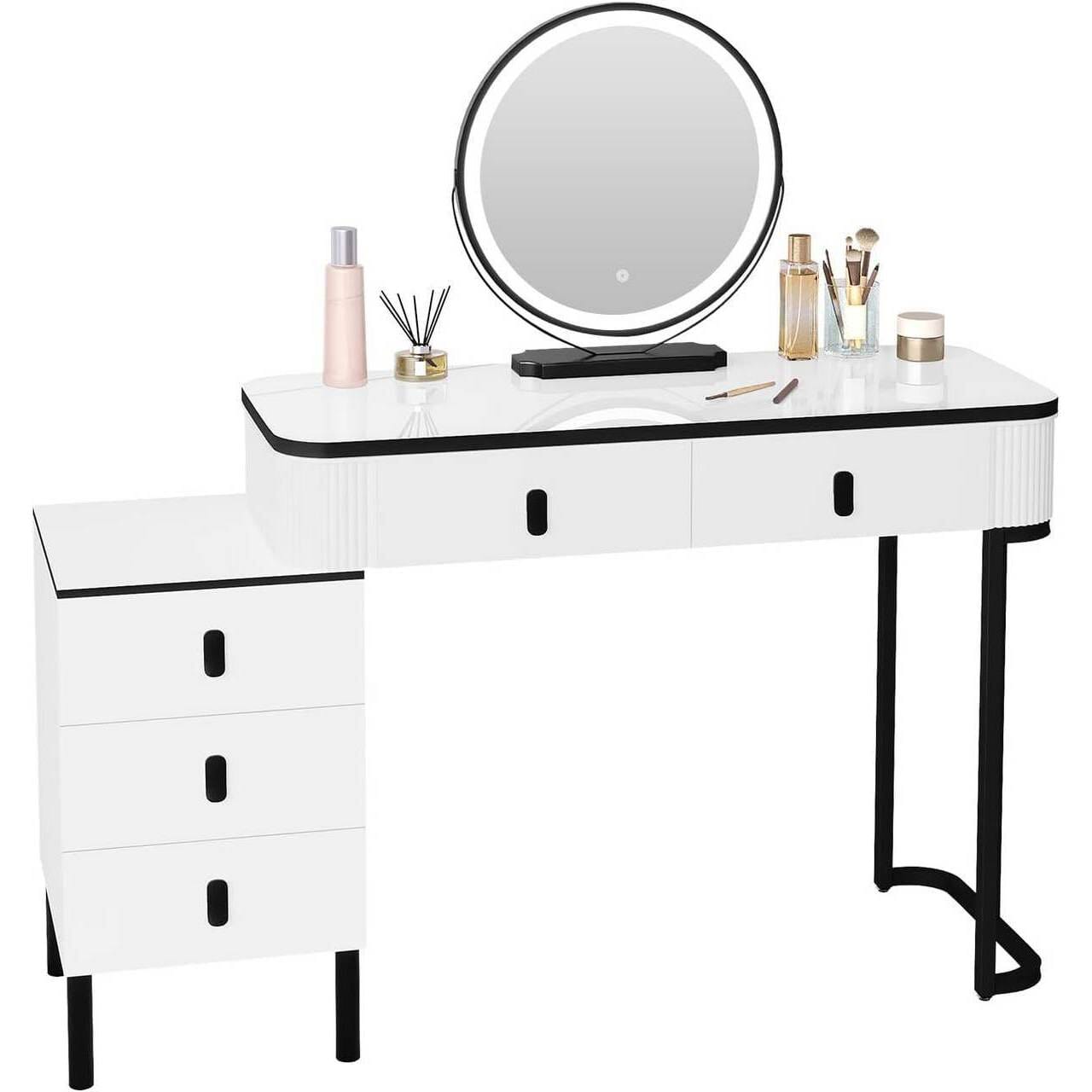 Schminktisch mit LED, Spiegel, 2 Schubladen, Seitenschrank Weiss Schwarz