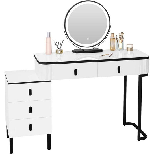 Schminktisch mit LED, Spiegel, 2 Schubladen, Seitenschrank Weiss Schwarz