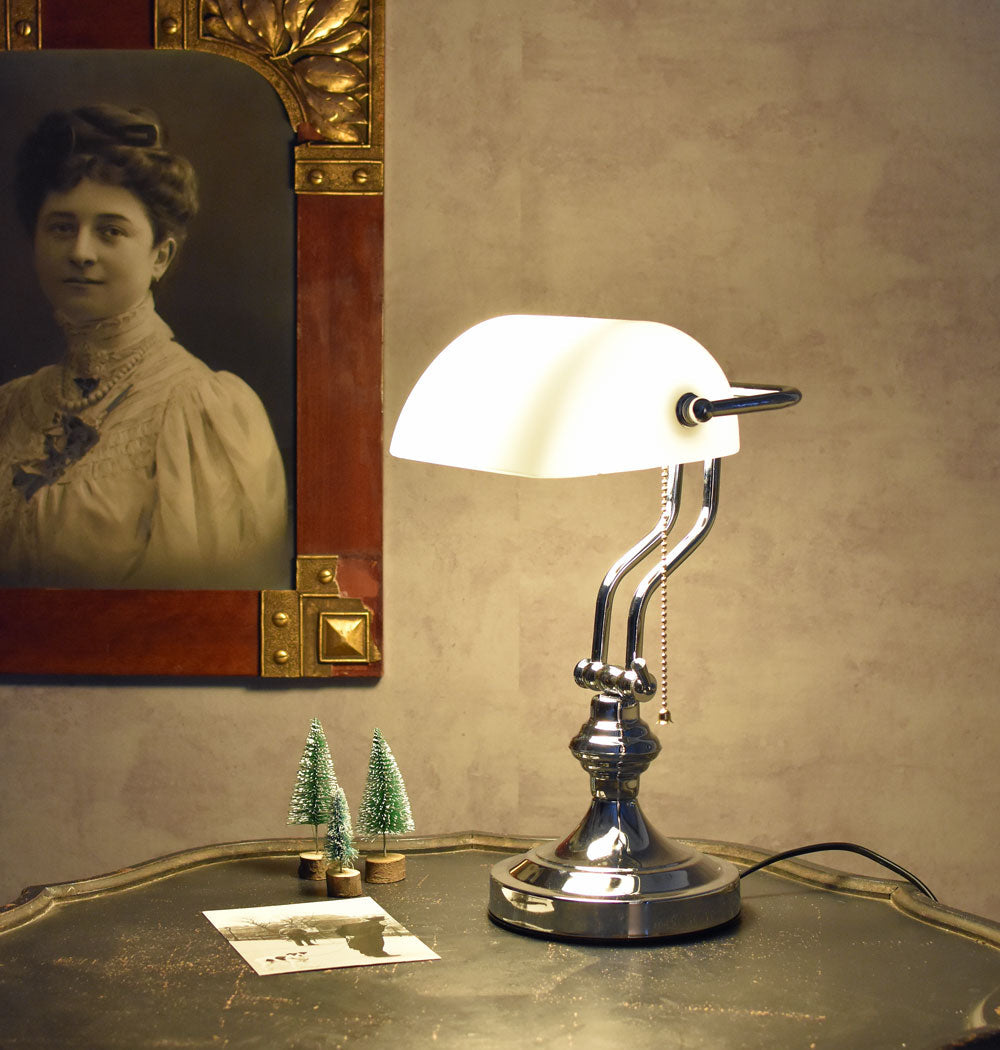 Bankerlampe Weiss Silber Anno 1900 Vintage