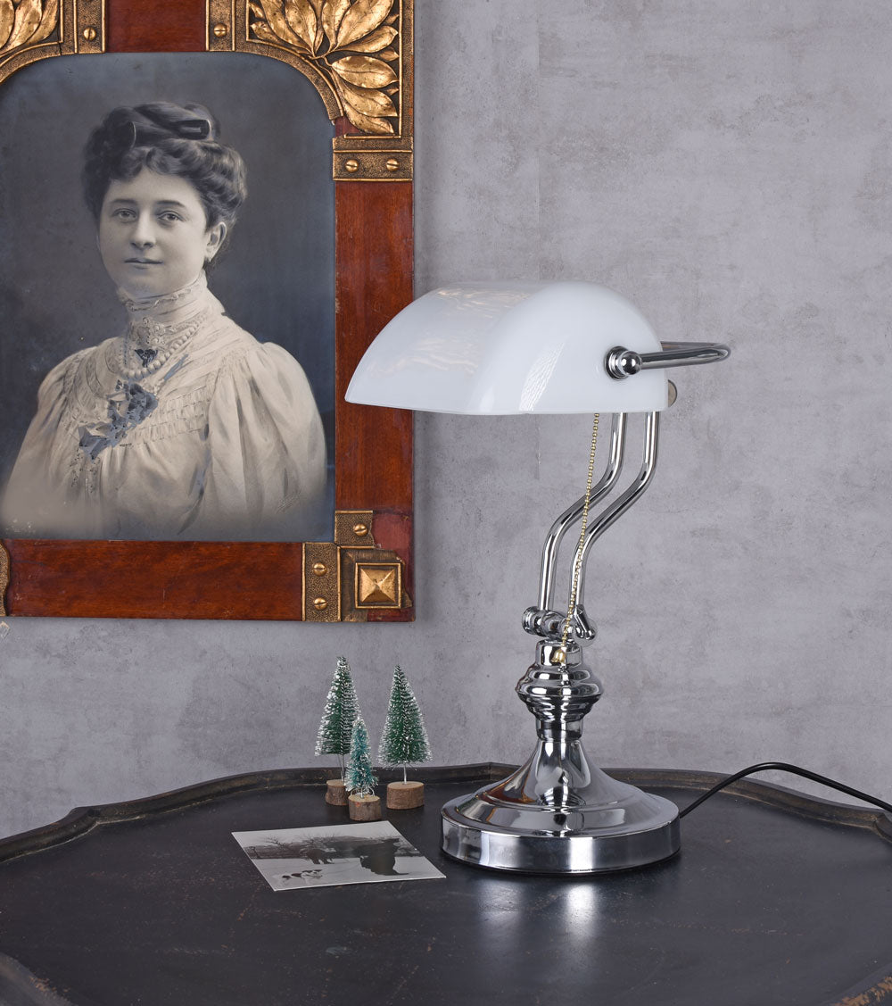 Bankerlampe Weiss Silber Anno 1900 Vintage