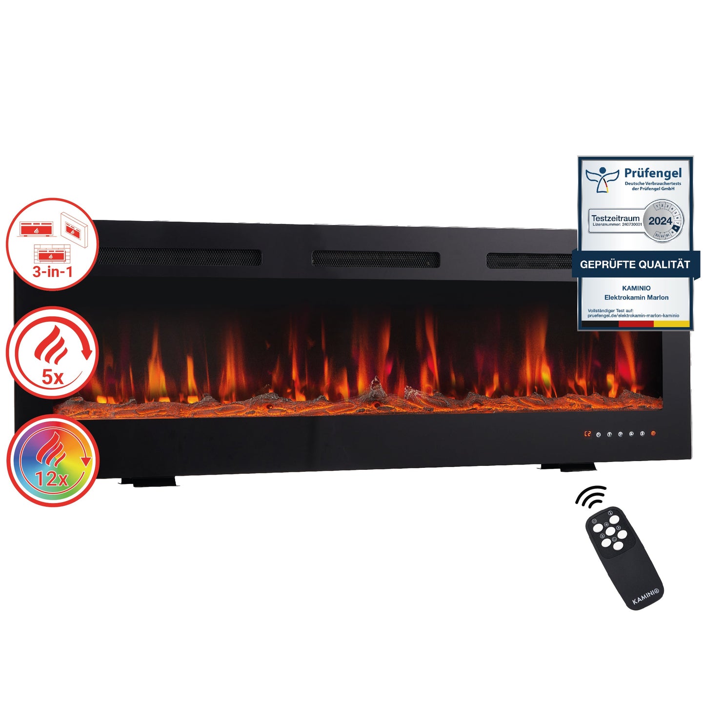 KAMINIO 3-in-1 Elektrokamin MARLON  mit Heizung, 3D-Flammeneffekt - 60 Zoll