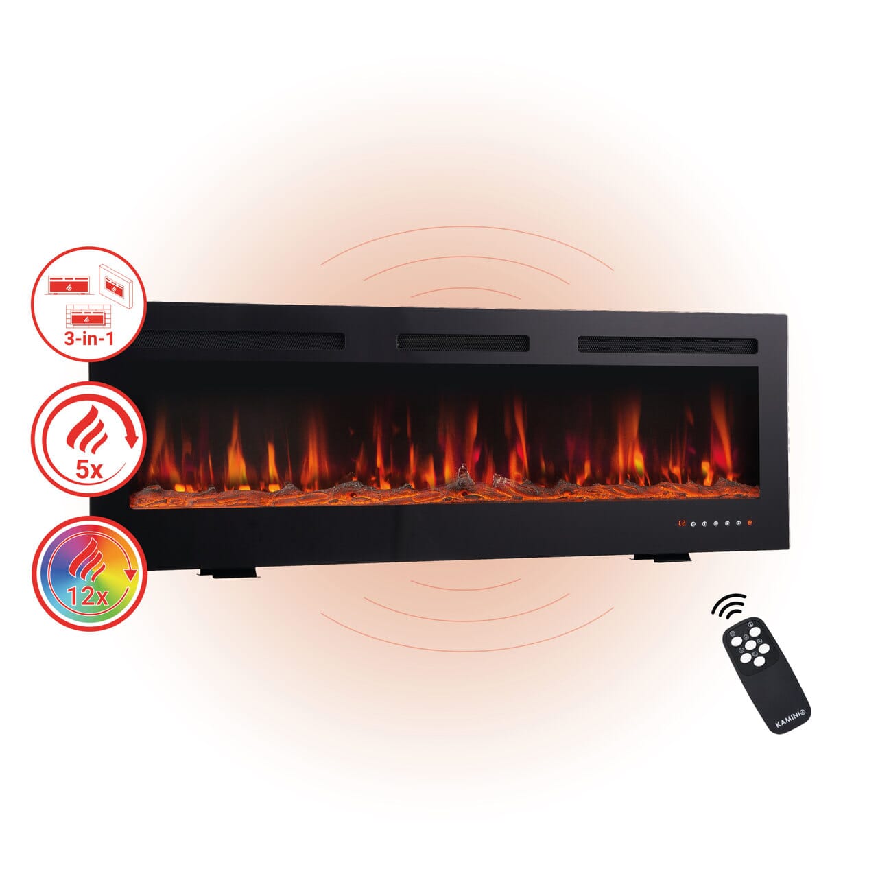 KAMINIO 3-in-1 Elektrokamin MARLON  mit Heizung, 3D-Flammeneffekt - 60 Zoll