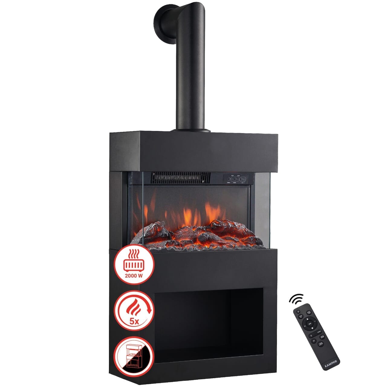 KAMINIO Elektrokamin HENRI mit Ofenrohr - mit Heizung Holzfach Schwarz