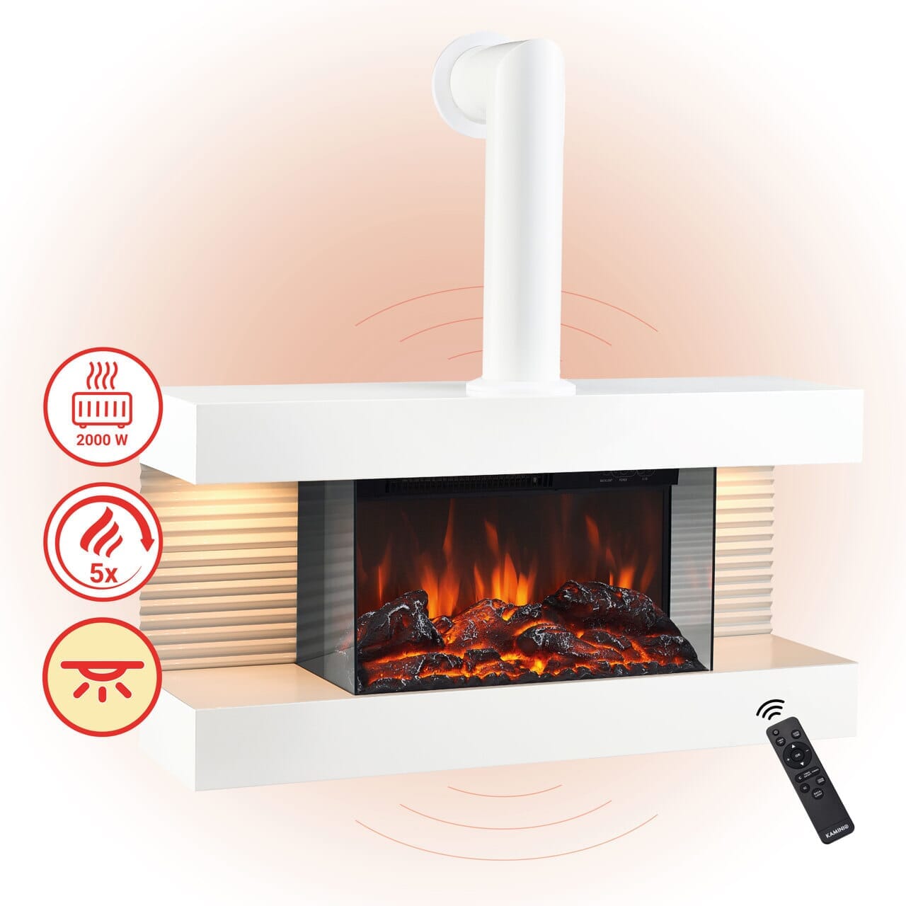 KAMINIO Elektrokamin LIZ mit Ofenrohr - Elektrischer Wandkamin mit Heizung Weiss