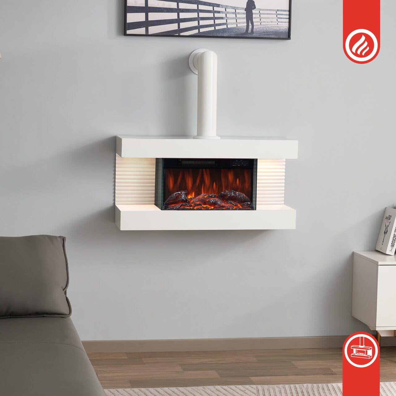 KAMINIO Elektrokamin LIZ mit Ofenrohr - Elektrischer Wandkamin mit Heizung Weiss