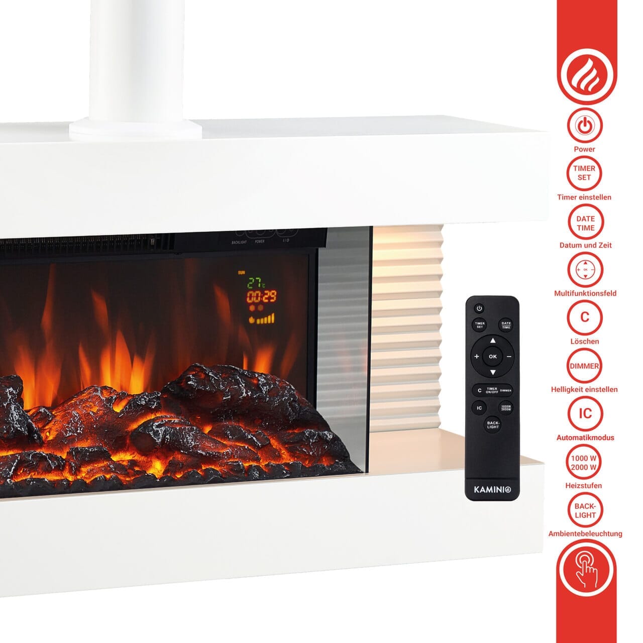 KAMINIO Elektrokamin LIZ mit Ofenrohr - Elektrischer Wandkamin mit Heizung Weiss