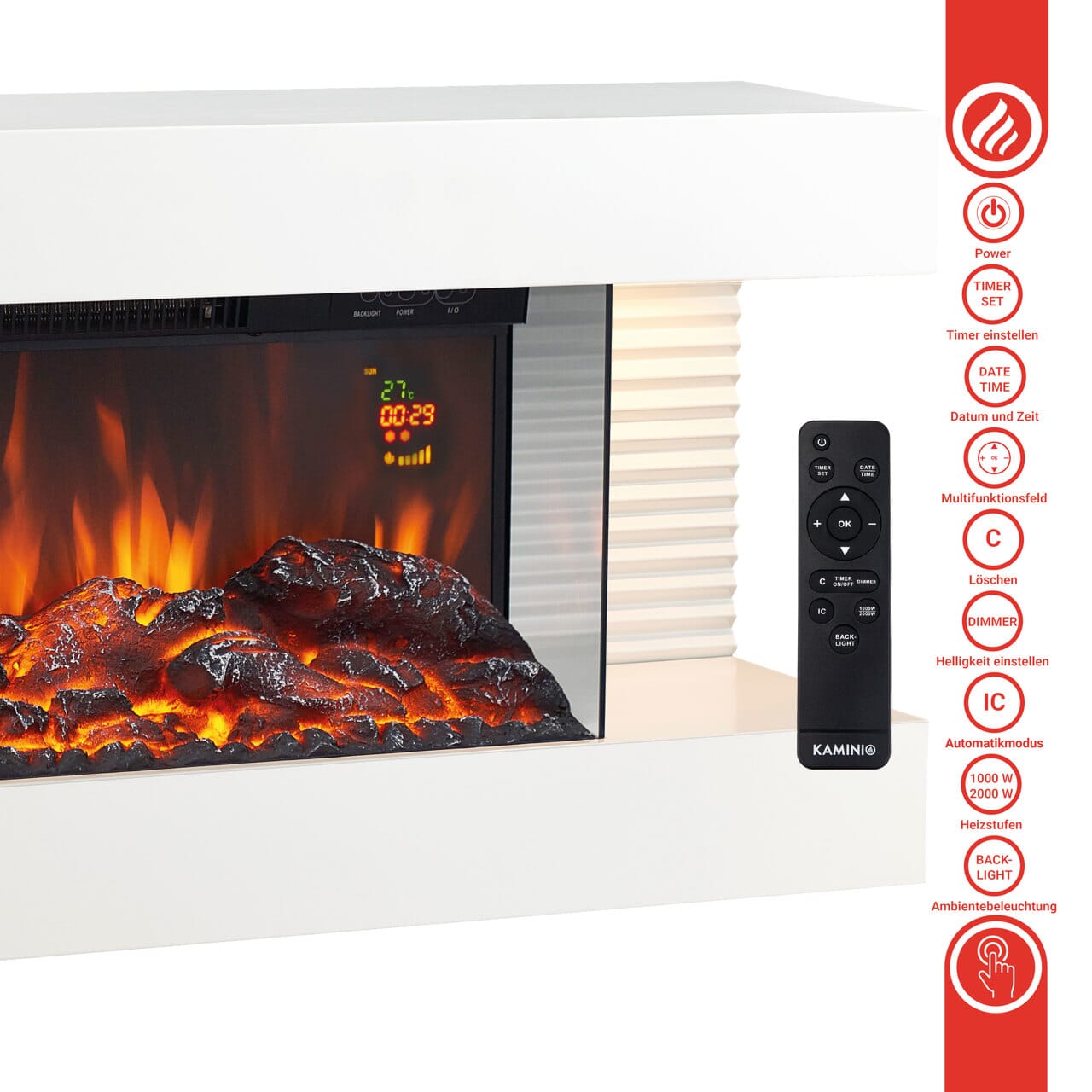 KAMINIO Elektrokamin LIZ - mit Heizung, 3D-Flammeneffekt Weiss