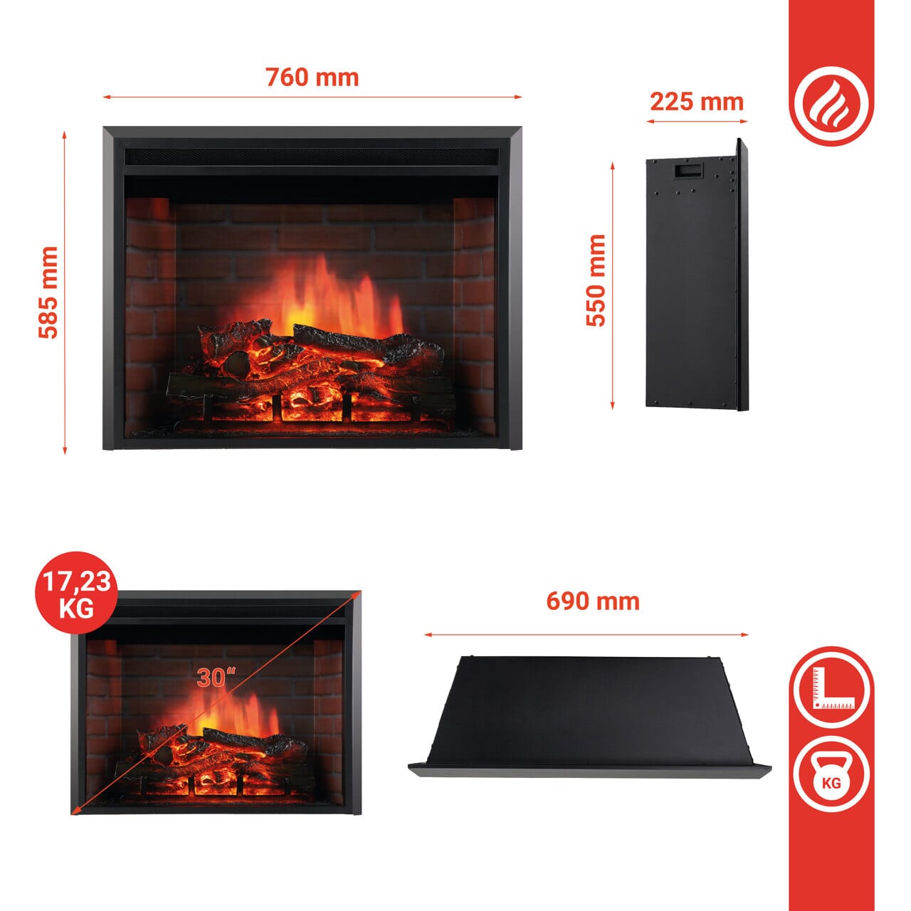 Kamineinsatz/Einbaukamin Luca 30 Zoll 900/1800 Watt Schwarz
