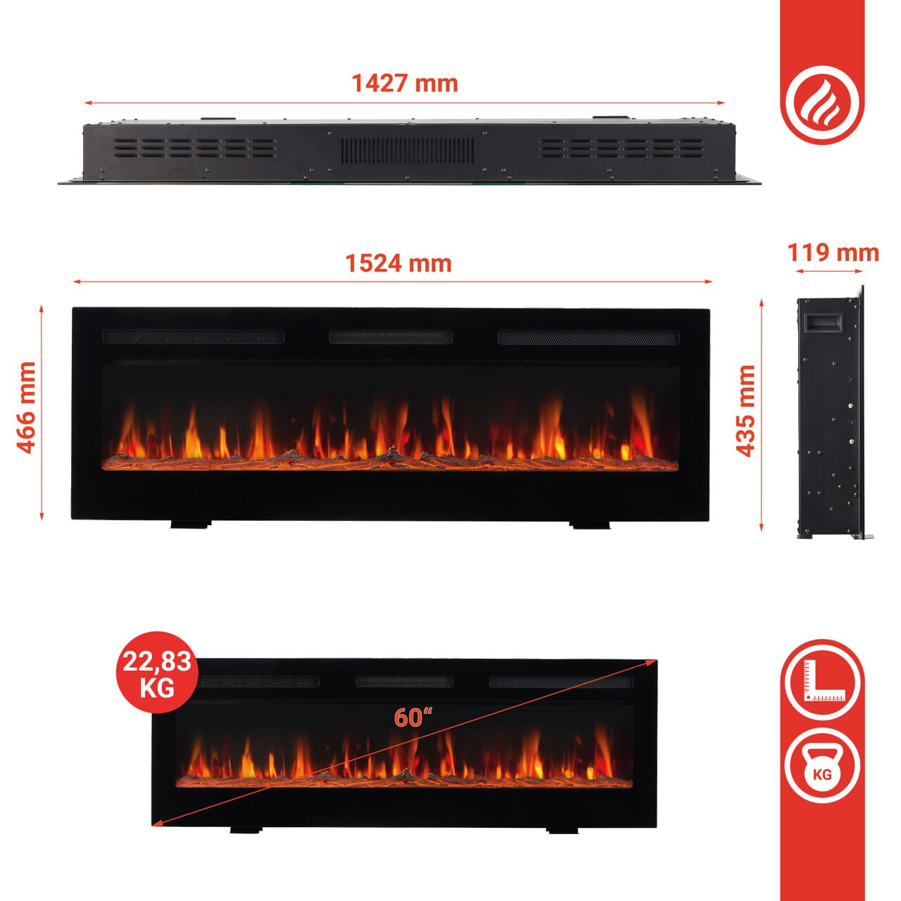 KAMINIO 3-in-1 Elektrokamin MARLON  mit Heizung, 3D-Flammeneffekt - 60 Zoll