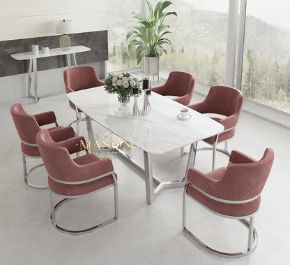 Design Esstisch Set mit 6 Stühlen Silber Metall
