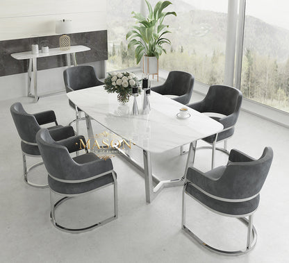 Design Esstisch Set mit 6 Stühlen Silber Metall