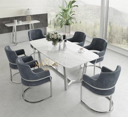 Design Esstisch Set mit 6 Stühlen Silber Metall
