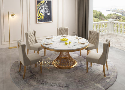 Design Esstisch Set Rund mit 5 Stühlen Gold Weiss