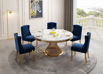 Design Esstisch Set Rund mit 5 Stühlen Gold Weiss