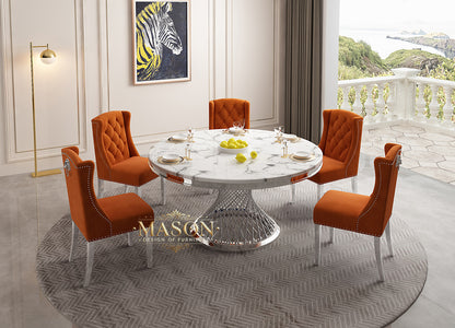 Design Esstisch Set Rund mit 5 Stühlen Silber Weiss