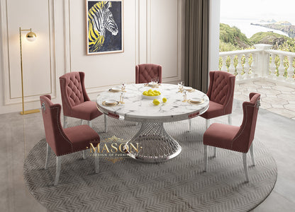 Design Esstisch Set Rund mit 5 Stühlen Silber Weiss