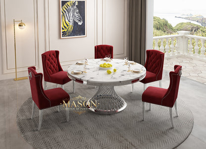 Design Esstisch Set Rund mit 5 Stühlen Silber Weiss