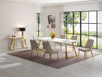 Design Esstisch Set mit 6 Stühlen Gold Weiss