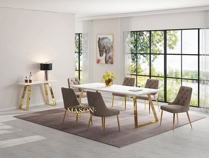 Design Esstisch Set mit 6 Stühlen Gold Weiss