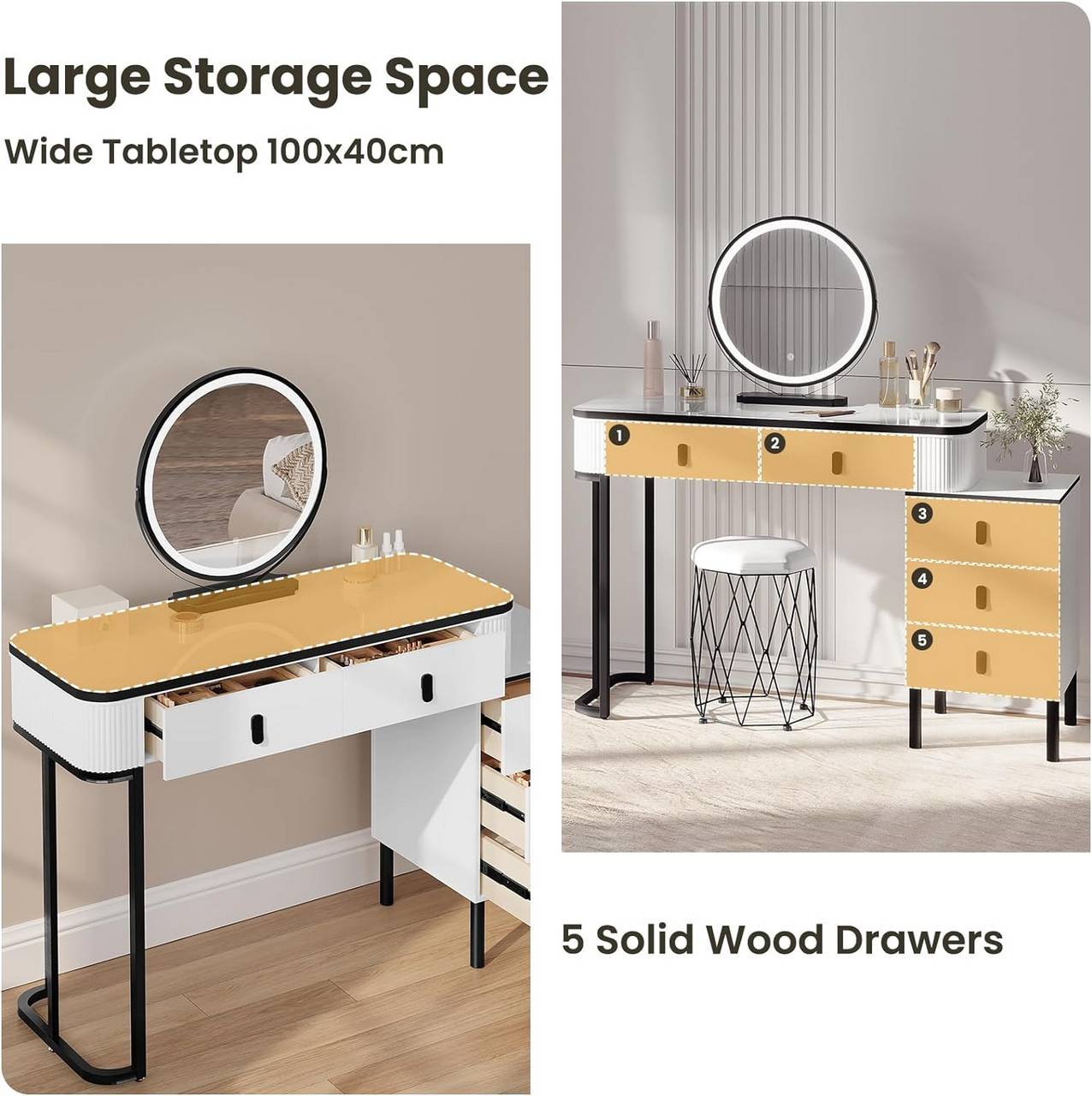 Schminktisch, Hocker aus Samt, Spiegel mit LED, Seitenschrank Weiss