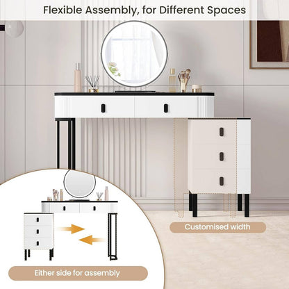 Schminktisch, Hocker aus Samt, Spiegel mit LED, Seitenschrank Weiss