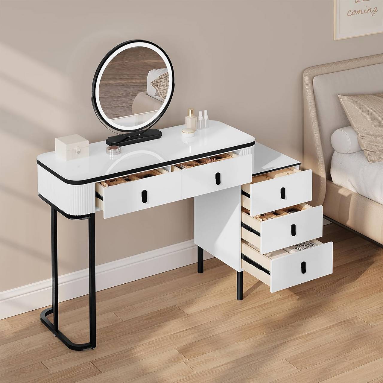 Schminktisch, Hocker aus Samt, Spiegel mit LED, Seitenschrank Weiss