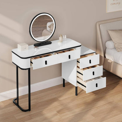 Schminktisch, Hocker aus Samt, Spiegel mit LED, Seitenschrank Weiss