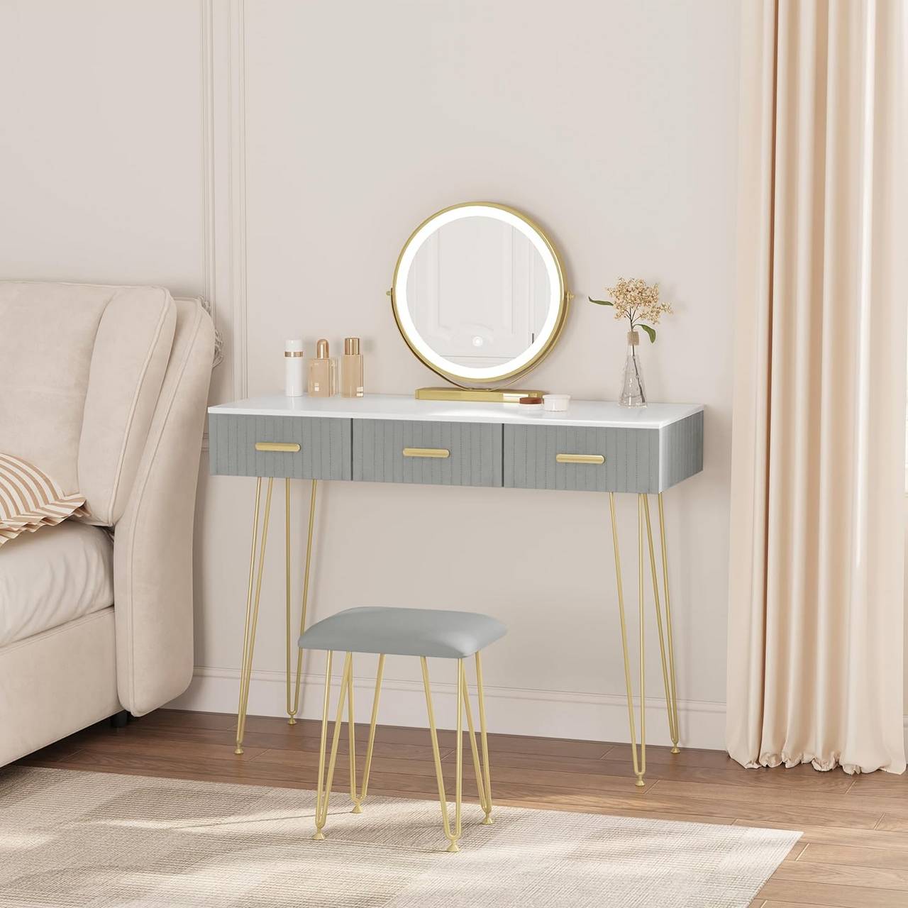 Schminktisch mit LED Samthocker, 3 Schubladen, Weiss Gold Grau