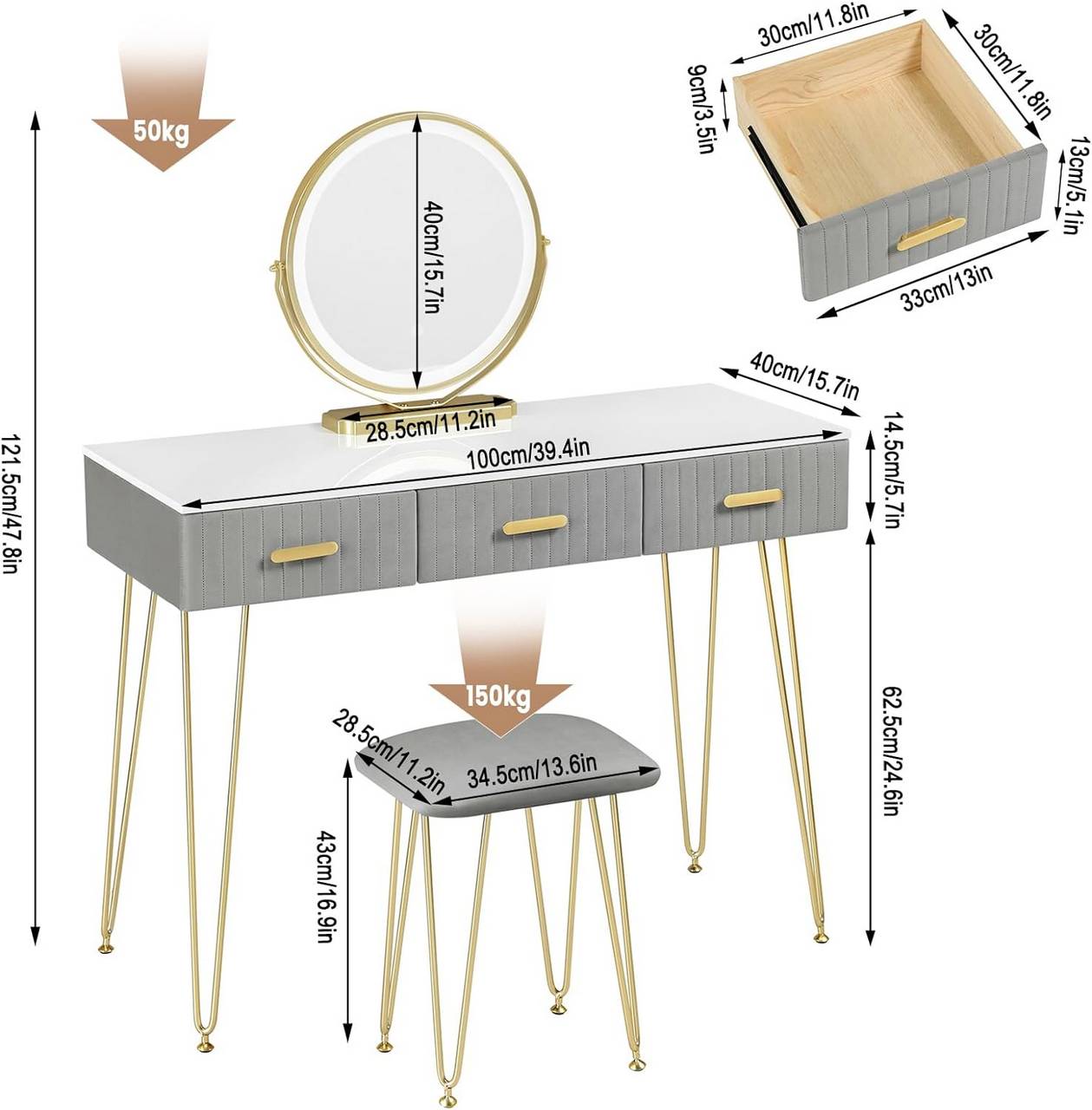 Schminktisch mit LED Samthocker, 3 Schubladen, Weiss Gold Grau