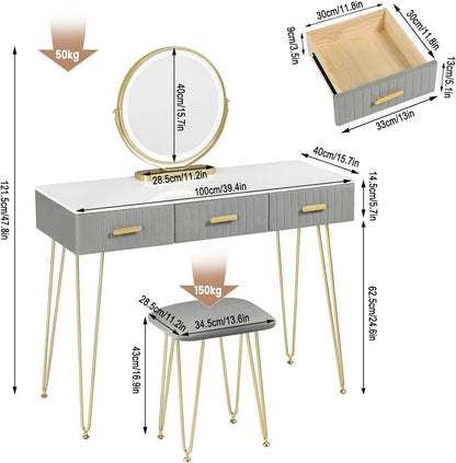 Schminktisch mit LED Samthocker, 3 Schubladen, Weiss Gold Grau