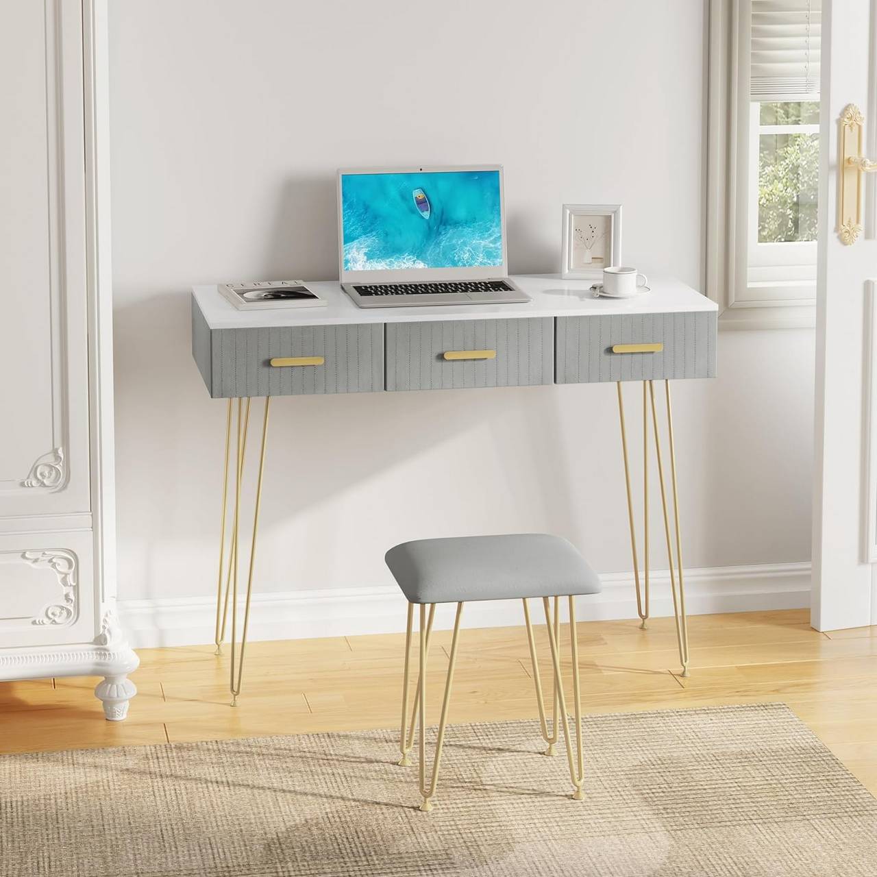 Schminktisch mit LED Samthocker, 3 Schubladen, Weiss Gold Grau