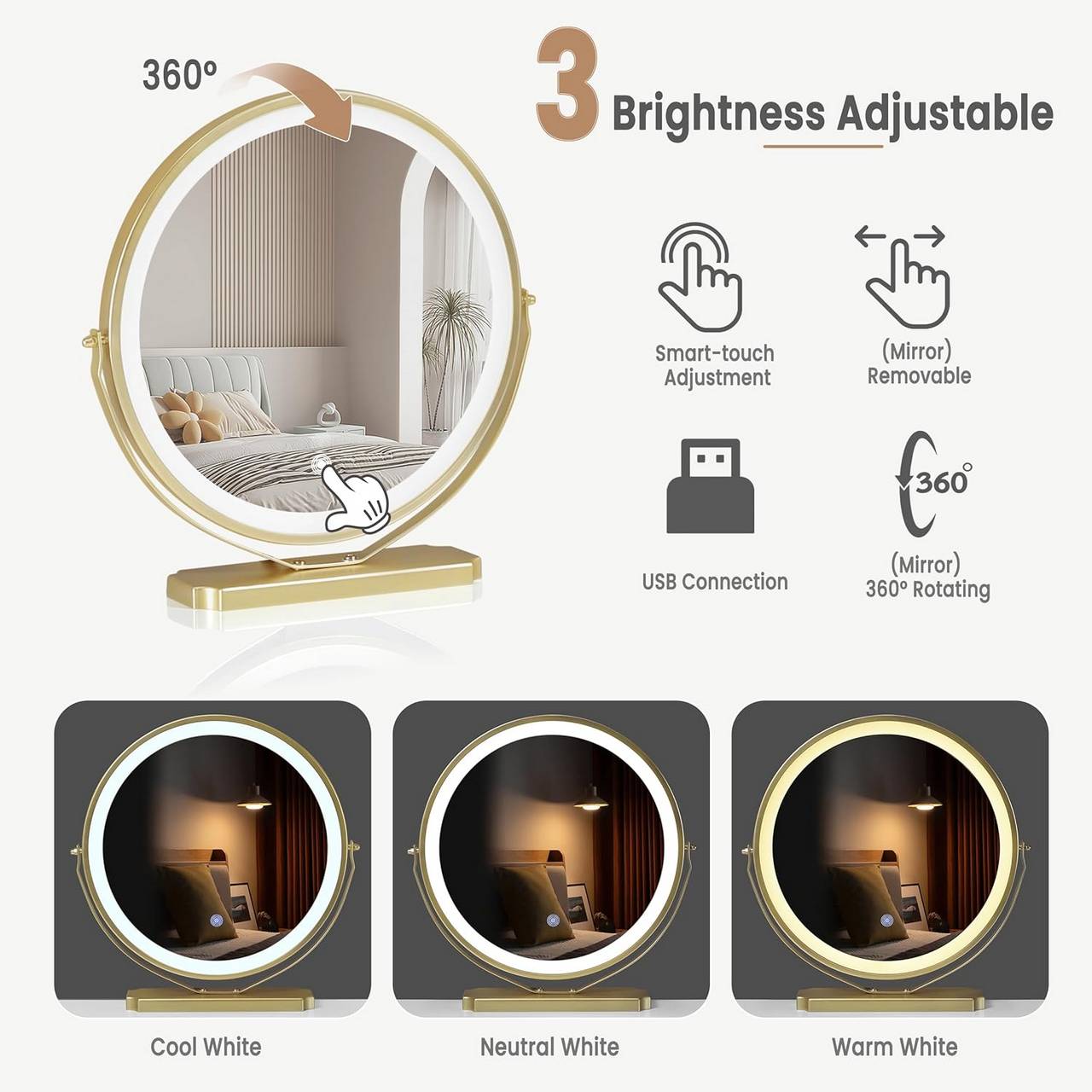 Schminktisch mit LED Samthocker, 3 Schubladen, Weiss Gold Grau