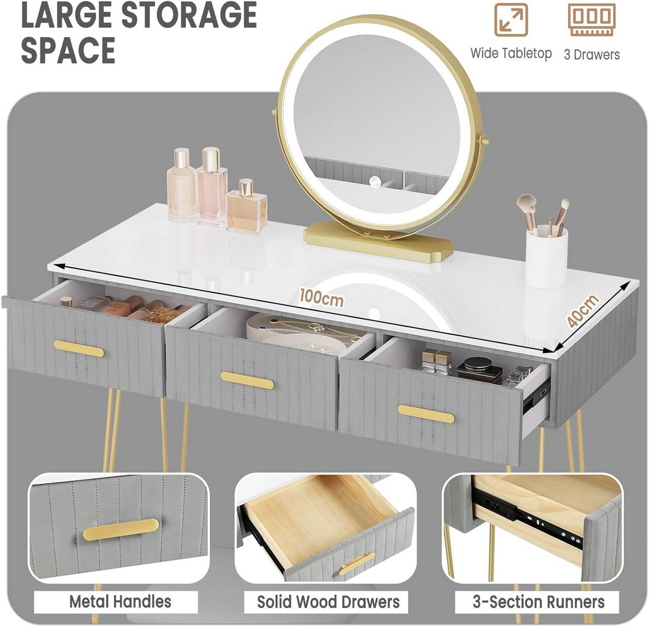 Schminktisch mit LED Samthocker, 3 Schubladen, Weiss Gold Grau