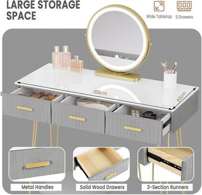 Schminktisch mit LED Samthocker, 3 Schubladen, Weiss Gold Grau