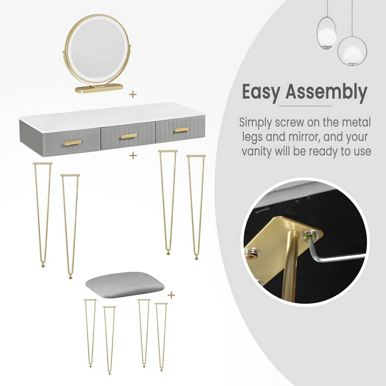 Schminktisch mit LED Samthocker, 3 Schubladen, Weiss Gold Grau
