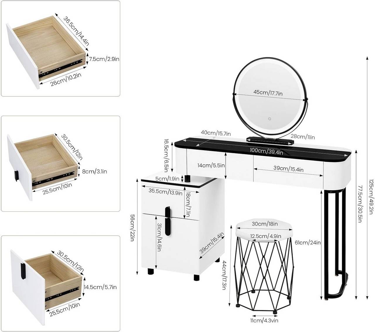 Schminktisch mit LED, Mobiler Spiegel Samthocker Glasplatte, Weiss Schwarz