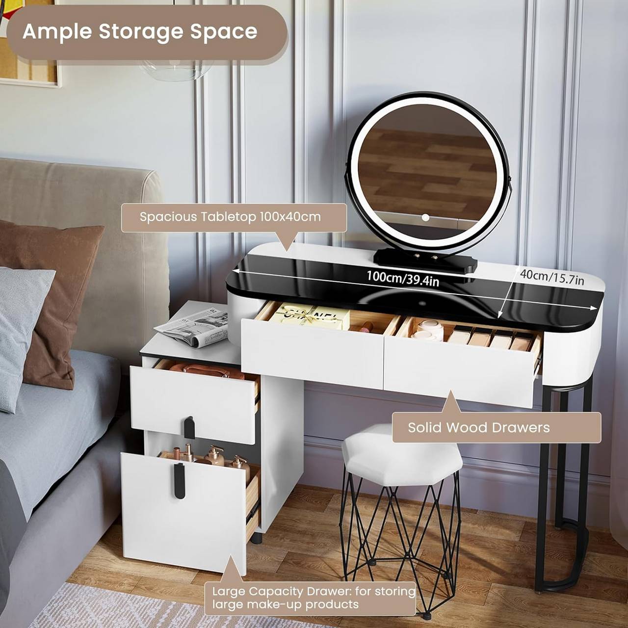 Schminktisch mit LED, Mobiler Spiegel Samthocker Glasplatte, Weiss Schwarz