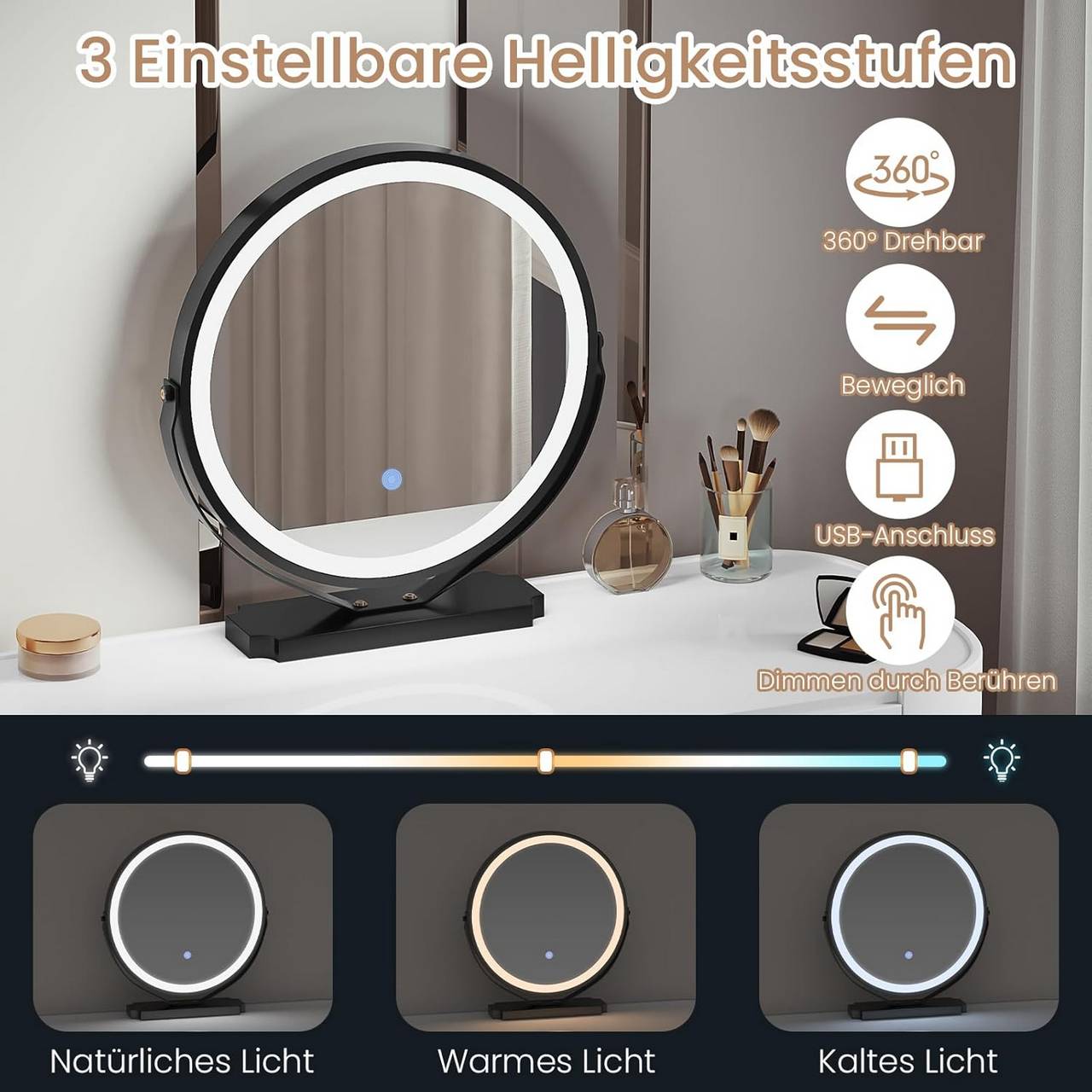 Schminktisch mit LED und Spiegel Weiss