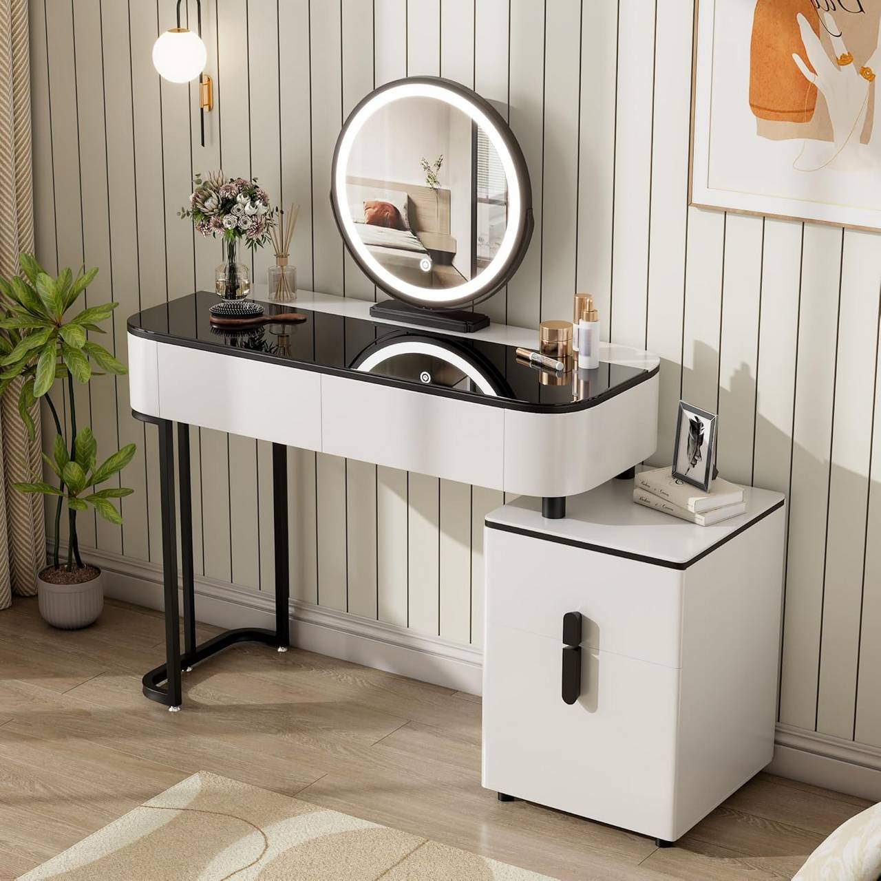 Schminktisch mit LED, Glasplatte, Schubladen, Seitenschrank, Weiss Schwarz