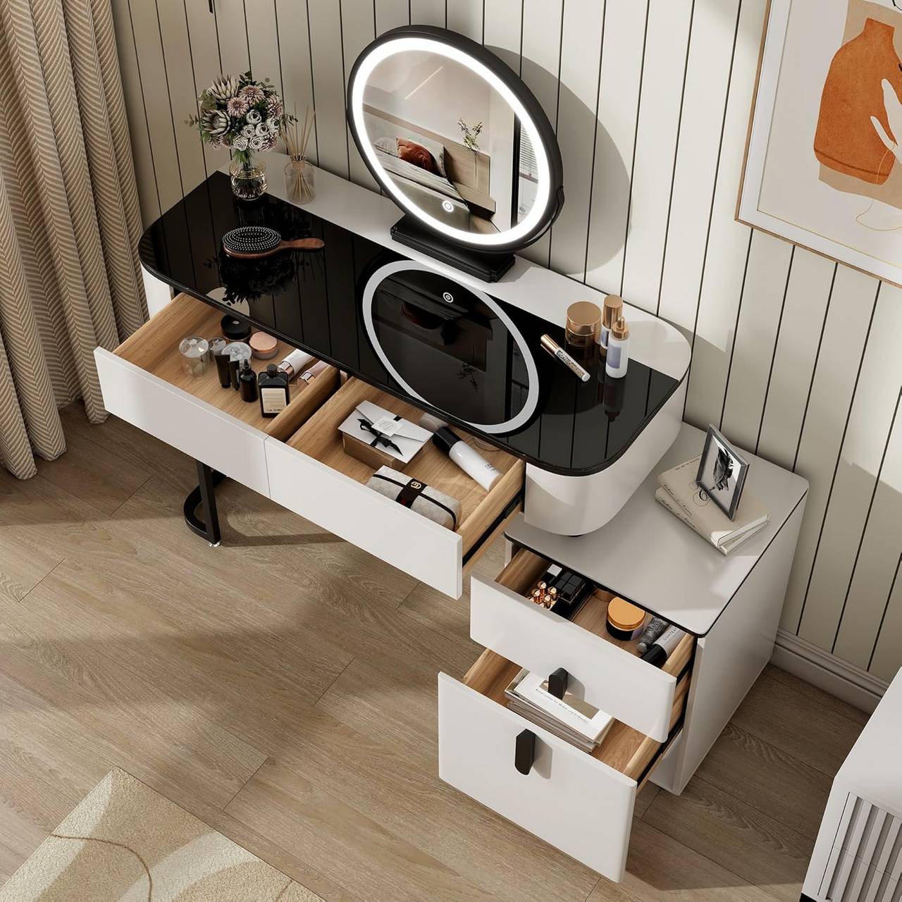 Schminktisch mit LED, Glasplatte, Schubladen, Seitenschrank, Weiss Schwarz