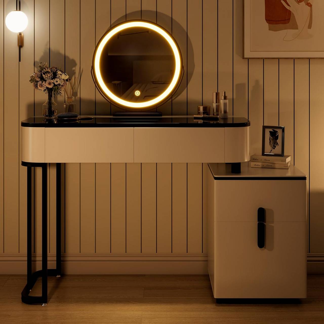 Schminktisch mit LED, Glasplatte, Schubladen, Seitenschrank, Weiss Schwarz