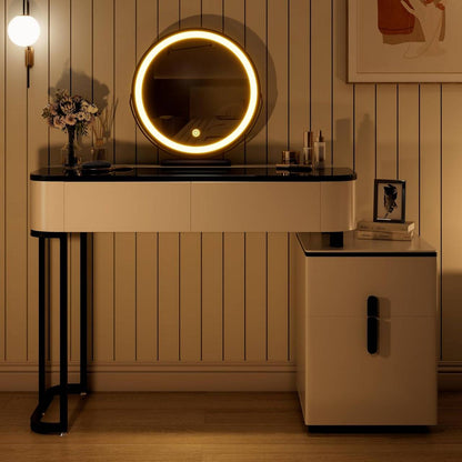 Schminktisch mit LED, Glasplatte, Schubladen, Seitenschrank, Weiss Schwarz